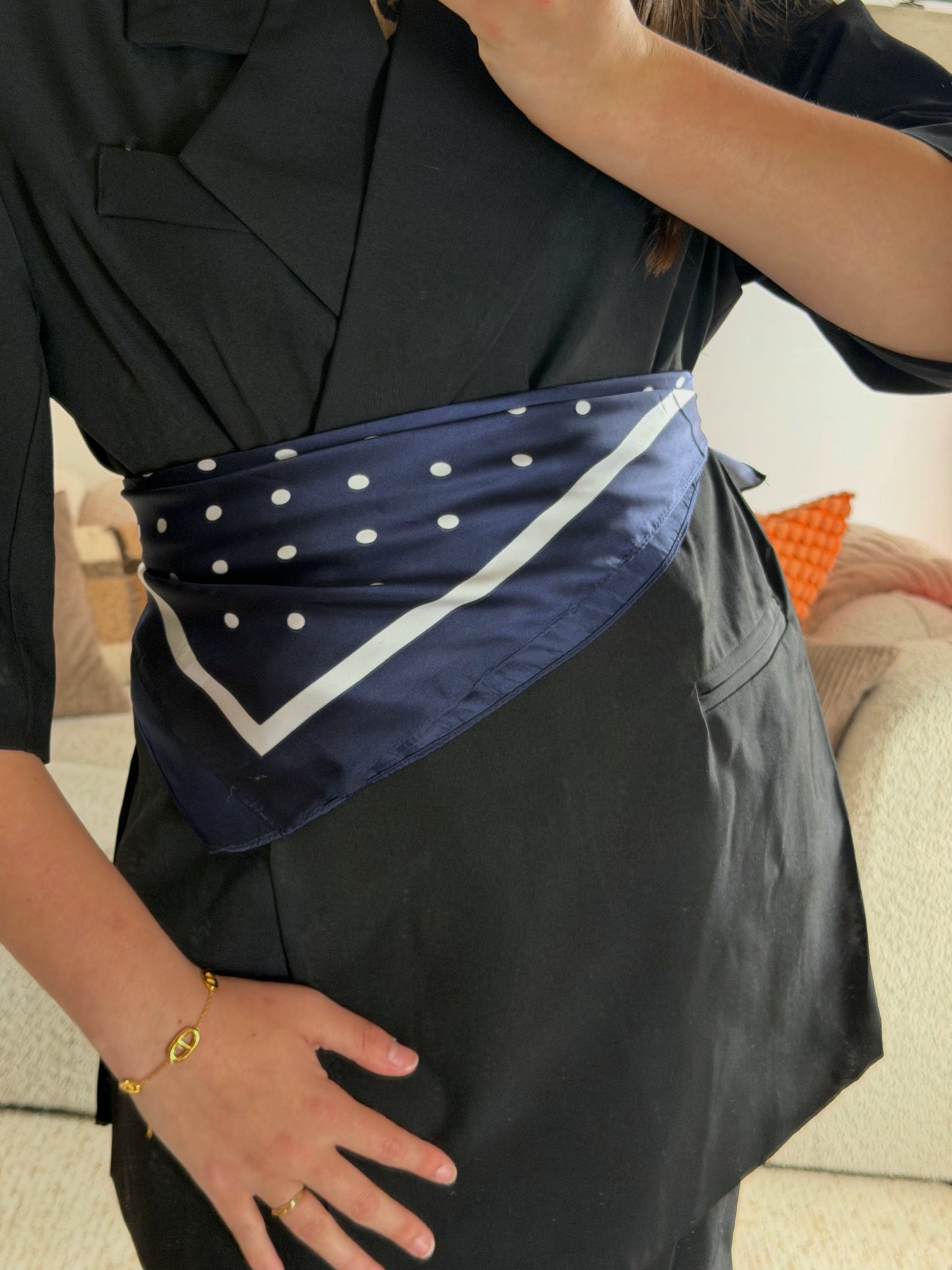 Navy blue satin polka dot square scarf