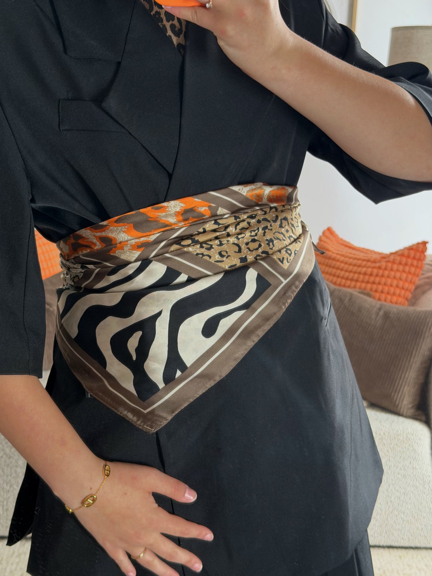 Terracotta animal print satin scarf