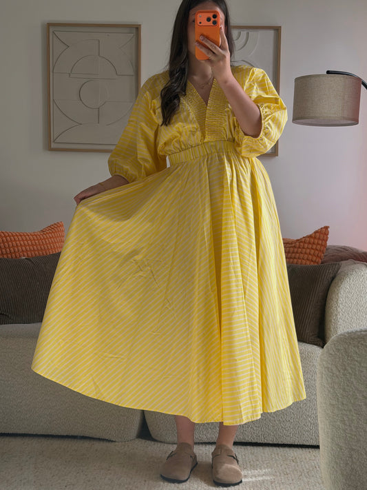 Yellow dress with pink stripes